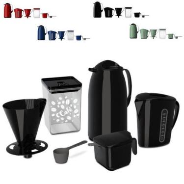 Imagem de Kit Super Prático Garrafa Térmica 1L Leiteira 1L Suporte Filtro PoteHe