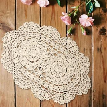 Imagem de 2 peças de toalhas de crochê de renda bege feitas à mão, 25,4 x 35,5 cm, oval, toalha de mesa, porta-copos de malha, cachecol de mesa floral, capa de pano de crochê, feita à mão, para quartos e sala