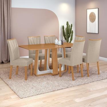 Imagem de Conjunto Sala De Jantar Mesa Easy Pop 170x90cm Tampo Mdf Com 6 Cadeiras Confort Linho Rinzai Bege Amêndoa/off White