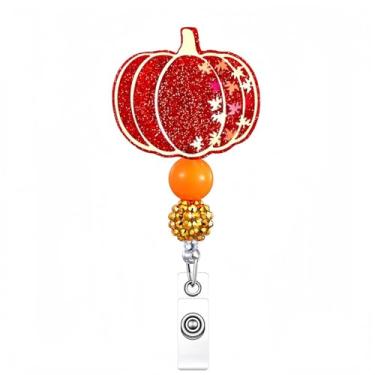 Imagem de 1 molinete de crachá de outono, lindo suporte de identificação retrátil de abóbora de ação de graças com contas, clipe de jacaré, brilhante, folhas de bordo, abóbora, outono, suporte de crachá de