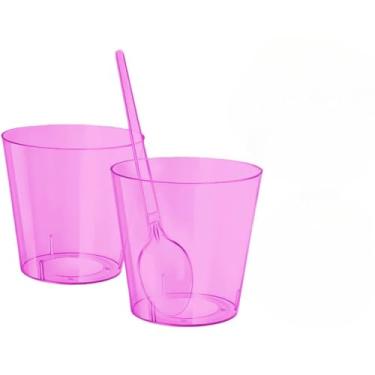 Imagem de Taça Sobremesa, Kit 100 Copo Copinho Potinho Cristal 25ml Acrílico de Colher Doce Docinho com Colheres(Rosa Claro)