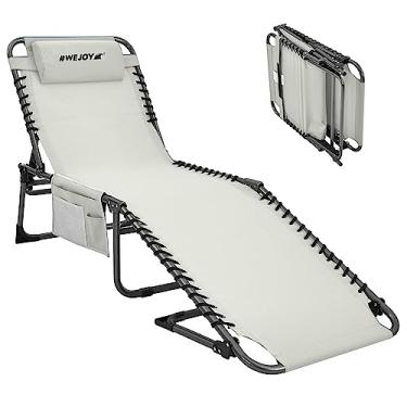 Imagem de #WEJOY Cadeira de espreguiçadeira dobrável ao ar livre, cadeira de praia portátil leve ajustável para pátio, piscina, gramado, deck, banhos de sol, cadeira reclinável de acampamento com travesseiro e bolso lateral, cinza