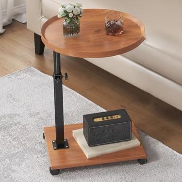 Imagem de Mesa lateral ajustável em forma de C com bandeja giratória de 360° e rodas para sofá, sala de estar, quarto, design moderno e mesa de lanche conveniente (redonda de tronco)