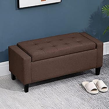 Imagem de Banqueta retangular de algodão e linho acolchoada para sapatos banco de cabeceira de madeira maciça, banco de armazenamento para sala de estar, marrom, 100 x 40 x 45 cm (39 x 16 x 18 polegadas)