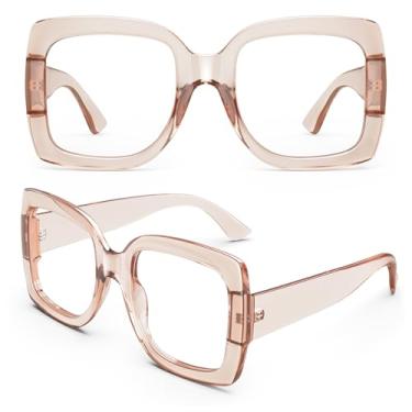 Imagem de GQUEEN Óculos postiços grandes femininos masculinos retrô grosso armação quadrada grande lente transparente proteção UV400 óculos modernos, Champanhe, Large