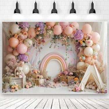 Imagem de Cenário fotográfico de 1º aniversário para bebês recém-nascidos – Balões, tenda, flor, decoração de fundo para festa de aniversário, chá de bebê, retrato de bolo (1,8 x 1,2 m)