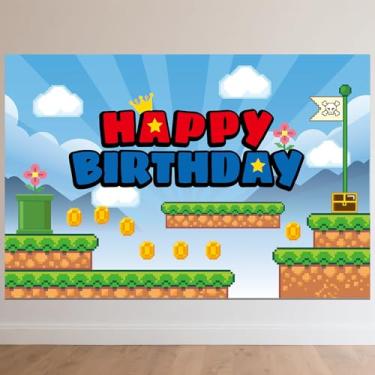 Imagem de Painel de Fundo de Aniversário com Desenho Animado, 150x100cm Tema Videojogo Banner Aniversário Fofo Decoração Parede para Artigos Festa