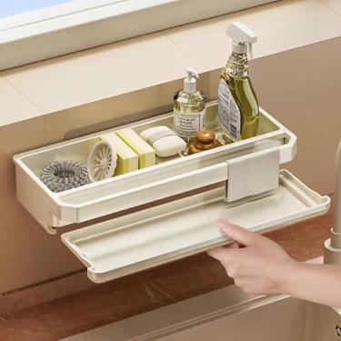 Imagem de Suporte de toalha e esponja para pia sem perfuração – Rack de drenagem montado na parede com bandeja coletora, organizador de cozinha forte com suporte de carga (branco)