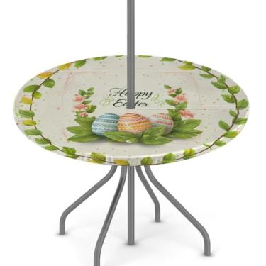 Imagem de hongjinglin Toalha de mesa de Páscoa para uso ao ar livre com orifício para guarda-chuva, toalha de mesa redonda elástica com zíper, impermeável, limpável, para piquenique, festa, pátio, serve para