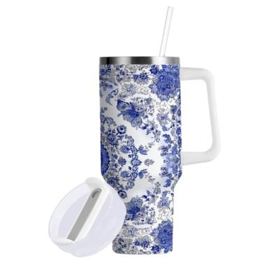 Imagem de ATTX Copo de porcelana azul e branco de 1,134 g com alça - Caneca de viagem de aço inoxidável isolada a vácuo, copo de café à prova de vazamento com canudo #743