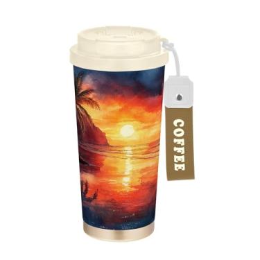 Imagem de SEHANY Caneca de viagem Summer Sea Beach Starfish 482 g Copos de café reutilizáveis revestidos de cerâmica com tampa à prova de vazamento, parede dupla, isolamento a vácuo, copo de café de aço
