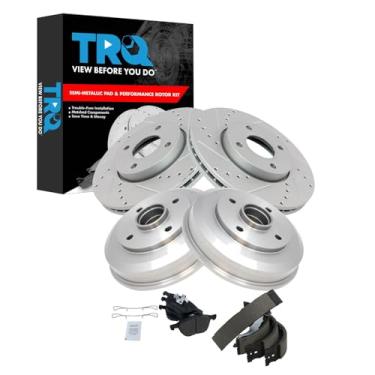 Imagem de TRQ Pastilha de freio dianteiro e traseiro e rotor, kit de sapata e tambor Desempenho semi-metálico revestido com G premium compatível com Ford Focus 2005-2007