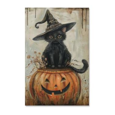 Imagem de HouLaiZhe Pôster de Halloween abóbora gato preto impressões de arte de parede decorações de Halloween decoração de parede estética gótica para sala de estar quarto 11 x 17 polegadas (28 x 43 cm)