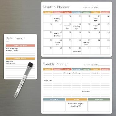 Imagem de Conjunto de quadro branco com calendário magnético apagável a seco (pacote com 3) para organização de geladeira, parede e geladeira – planejadores mensais, semanais e diários