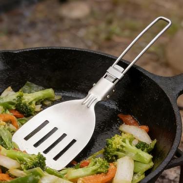 Imagem de Colher de escumadeira dobrável de aço inoxidável com alça dobrável para acampamento ao ar livre e uso na cozinha