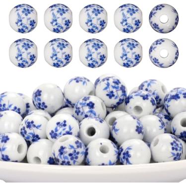 Imagem de 100 peças de contas de porcelana feitas à mão 10 mm contas de cerâmica flor azul espaçador redondo contas soltas para fazer joias, brincos, colares, presentes de aniversário de Natal