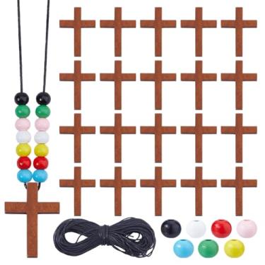 Imagem de DICOSMETIC Colar com pingente de cruz de madeira DIY para artesanato religioso, incluindo 280 peças, 7 cores, contas de madeira redondas pintadas em spray, 20 peças, pingentes de cruz de madeira
