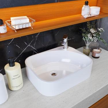 Imagem de Cuba de Apoio Retangular Quartzo Branca Luxo Moderna para Banheiro e Lavabo