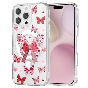 Imagem de OFQKOAKS Capa para iPhone 16 Pro Max, compatível com MagSafe, linda romântica borboleta vermelha asas coração magnético capa protetora transparente e fina para amantes