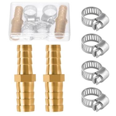 Imagem de Pacote com 2 redutores de acessórios de farpa, redutor de farpa de mangueira de latão de 3/20.3 cm a 1/5.1 cm com 4 braçadeiras de mangueiras, união de emenda de encaixe de farpa redutora, mangueira