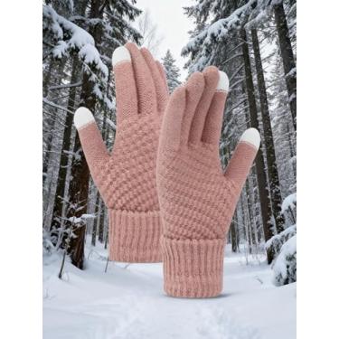 Imagem de Luvas de malha térmica masculinas e femininas, tela sensível ao toque, forradas com lã, grosso, inverno, quente, atividades ao ar livre, ciclismo, esportes, dirigir, clima frio (rosa)