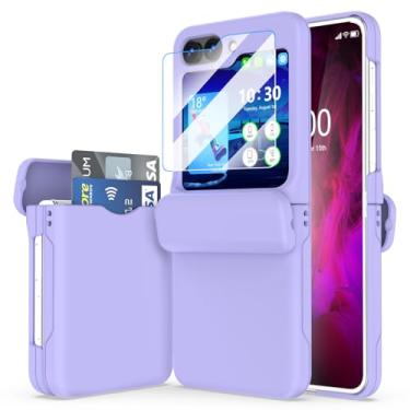 Imagem de WATACHE Capa para Samsung Galaxy Z Flip 6/5 com suporte para cartão de crédito e proteção de dobradiça e protetor de tela à prova de choque Flip Z 6/5 (roxo claro)