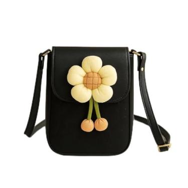 Imagem de Bolsa transversal floral para mulheres, bolsa de ombro pequena estilo INS com fecho de zíper para passeios diários, Preto, Tendência