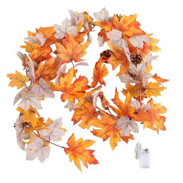 Imagem de Jectse Guirlanda de Folhas de Outono, Videira Artificial de Folhas de Outono de 5,9 Pés Com Frutas e Pinhas, Com Luzes Integradas para Lareira, Varanda, Decoração de Mesa de Jantar