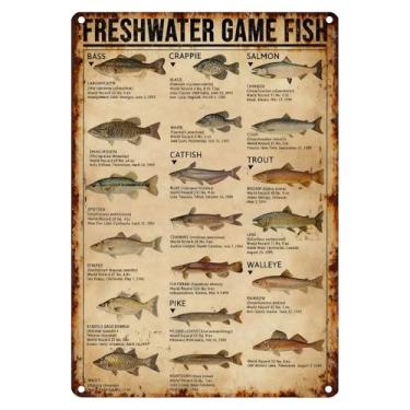 Imagem de Nextpal Arte de parede de pesca vintage, placa de metal de 20 x 30 cm com design de peixe gamefish de água doce, decoração rústica de cabana e caverna masculina para quarto de meninos, caça e