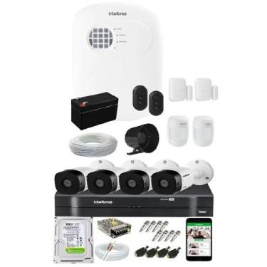 Imagem de Kit Alarme Residencial c/ 4 Sensor Via App E Kit Cftv 4 Câmeras Intelb