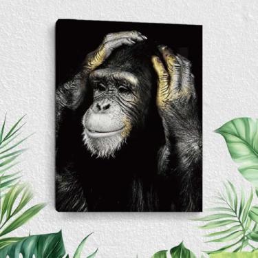 Imagem de Arte de parede retrô em tela de macaco, pinturas de arte emolduradas de gorila preto e branco vintage, imagens engraçadas de amantes de animais para quarto, sala de estar, corredor, escritório