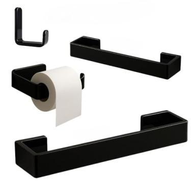 Imagem de Kit Acessórios Banheiro Preto Moderno 5 Peças – Porta Toalha, Papel Higiênico e Ganchos kit banheiro inox，suporte shampoo(KIT 3-4 ITENS)