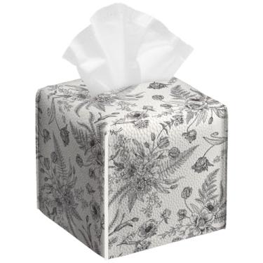 Imagem de Pacote com 2 capas de caixa de lenços de flores pretas brancas quadradas vintage floral de couro PU suporte organizador de papel facial à prova d'água para banheiro, cozinha, casa, escritório, carro