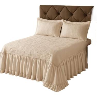 Imagem de Colcha Casal Bordada Com Babado Cama Box Cobre Leito Com Forro Cama Posta(AVELÃ)