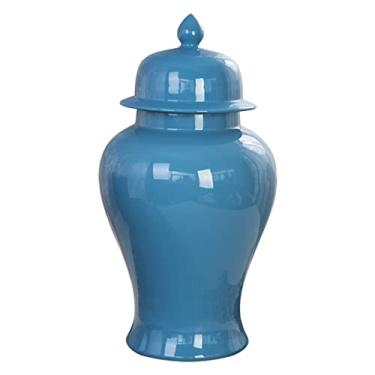 Imagem de Vaso de cerâmica simples de gengibre com tampa, tampa de porcelana antiga azul grande centro de mesa de arranjo floral vaso de flores sala de estar dezembro (azul médio)