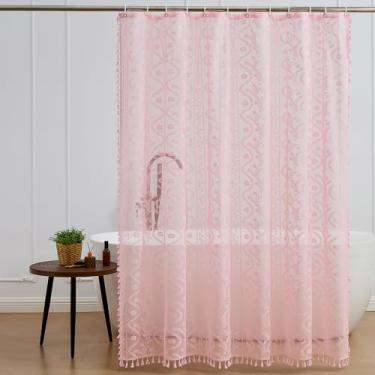 Imagem de WAZZIO Cortina de chuveiro de renda rosa - Cortina de chuveiro vintage com flores bonitas femininas, cortinas de banho decorativas com borlas para banheiro com 12 ganchos de plástico, 182 x 182 cm, 1