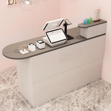 Imagem de Mesa de recepção cinza moderna com gavetas trancáveis, mesa de balcão de madeira que economiza espaço para escritório em casa e escritório - 120 cm
