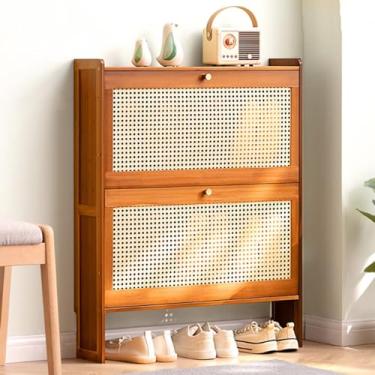 Imagem de Organizador de armário de sapatos de bambu para entrada – design fino com suporte oculto dobrável para sapatos, armário de armazenamento estreito de 2/3 níveis para hall de entrada, corredor, quarto