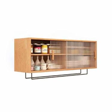 Imagem de Armário de parede de madeira maciça com portas de vidro temperado - Solução de armazenamento versátil para sala de jantar, cozinha, banheiro e quarto - Design simples para organização elegante