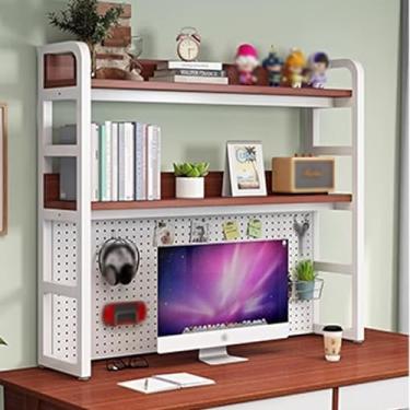 Imagem de Estante para armazenamento de mesa placa de 2 camadas com furos moldura de aço grosso e material de placa de madeira, super rolamento de carga para dormitório, casa, escritório (cor: branco + teca