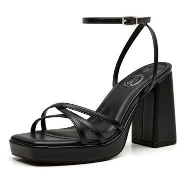 Imagem de Trary Salto dourado e branco – bico quadrado, plataforma de 7,6 cm, salto com tiras e blocos para pés largos, sapatos Y2k com tira no tornozelo para formatura, Poliuretano preto, 39