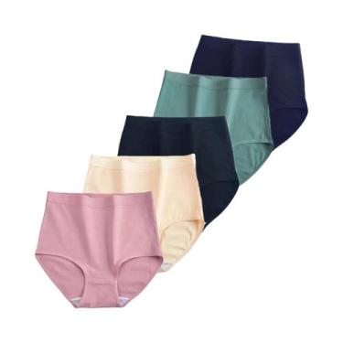 Imagem de Calcinhas De Algodão De Cintura Alta plus Size Para Mulheres, 5 Peças/