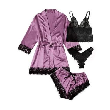 Imagem de Conjunto De Pijama Feminino De Cetim Com Renda Sexy, Estampa Moderna, 
