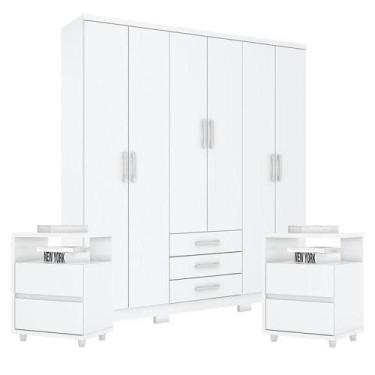 Imagem de Guarda Roupa Casal Caju 6 Portas Com Kit Mesa De Cabeceira Branco - He