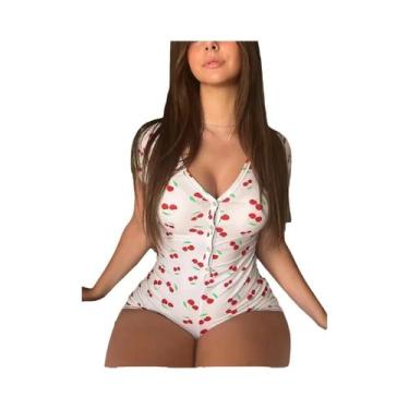 Imagem de Pijamas De Verão Femininos Com Estampa De Cereja, Decote Em V, Manga C