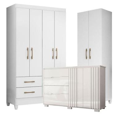 Imagem de Guarda Roupa Solteiro Chile com Cômoda Texas e Armário Multiuso New Íris Branco Brilho – Moval