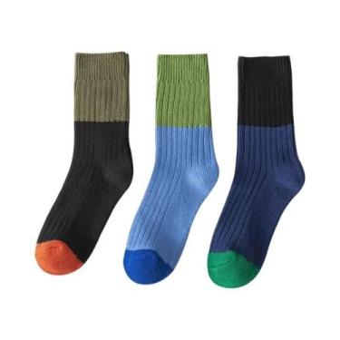 Imagem de Meias De Algodão Masculinas Grossas Retrô De Cor Sólida Cano Médio 3 P