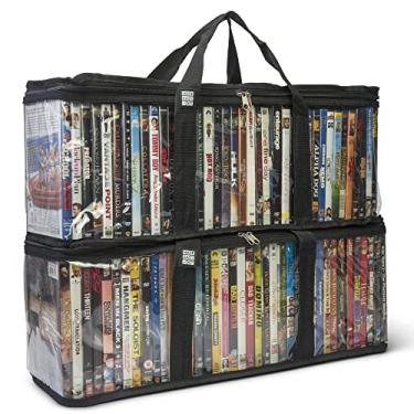 Imagem de Made Easy Kit Bolsa de armazenamento de DVD – Organizador de PVC transparente, alças triplas costuradas, divisórias – empilhável, economiza espaço, serve para 40 caixas de DVD – recipiente para discos de filmes, videogames, fitas VHS (preto, 2 sacos)