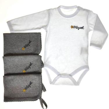 Imagem de Kit 3 panos de boca mescla escuro + body longo branco personalizado