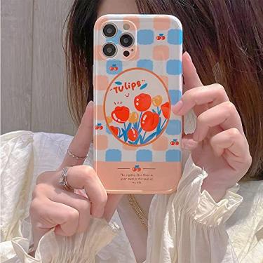Imagem de Capa de telefone para iphone 13 11 12 Pro Max X XR XS Treliça geométrica flor tulipa flor cereja suporte capa à prova de choque, b, para iphone 11pro max